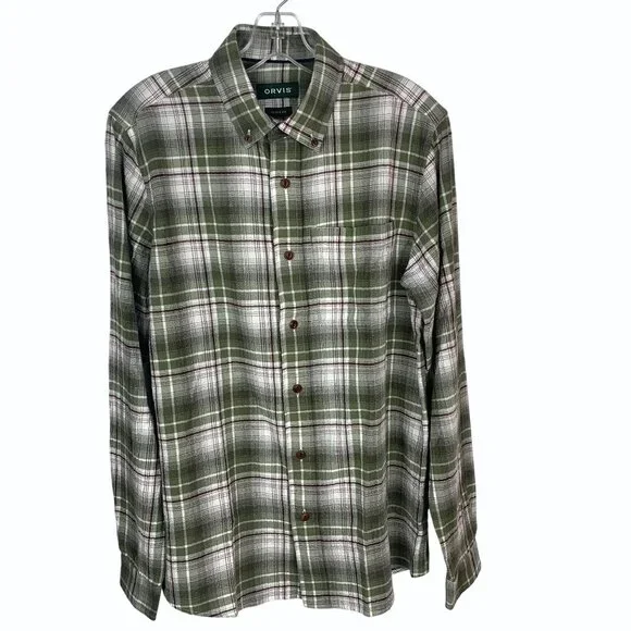 Orvis Mens Small Crushed Herringbone Green Plaid Crinkle Cotton Shirt Active Fit
